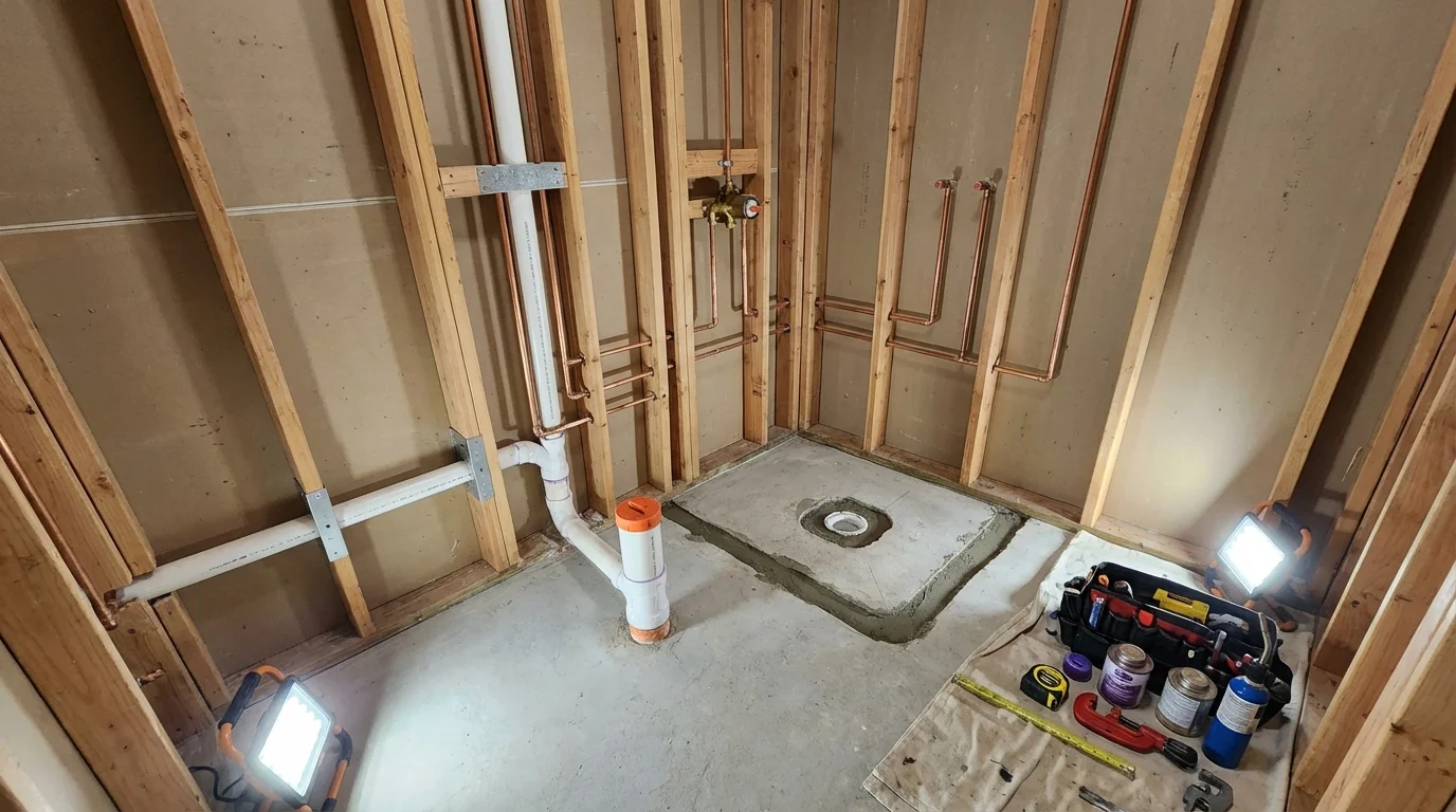 Bathroom rough-in plumbing during remodel by Johns Plumbing LLC in Leechburg